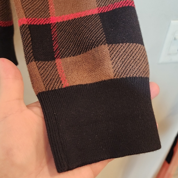 Ann Taylor Metallic Red Black Brown Plaid Button Knit Sweater Cardigan Cotton XL - Picture 12 of 16